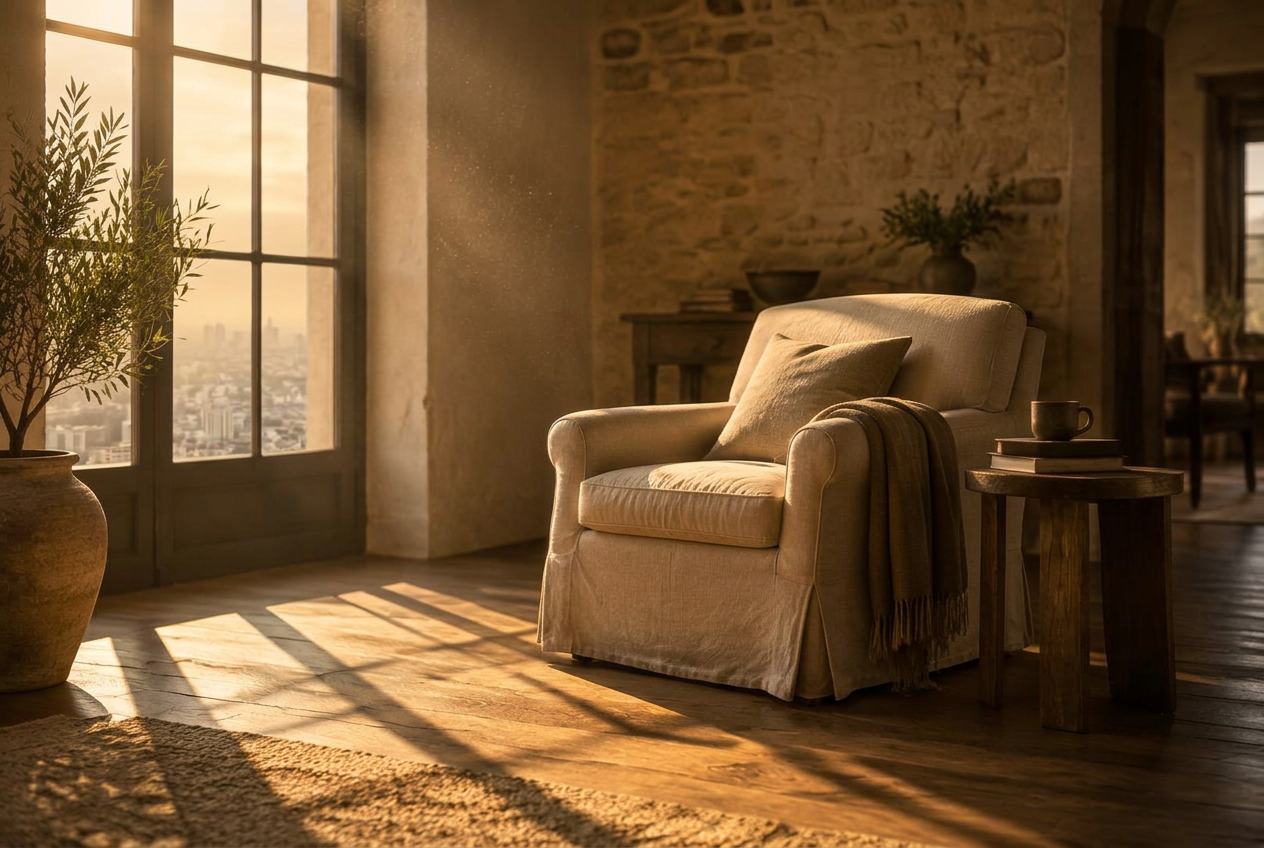 An empty linen armchair in warm afternoon light beside a tall window