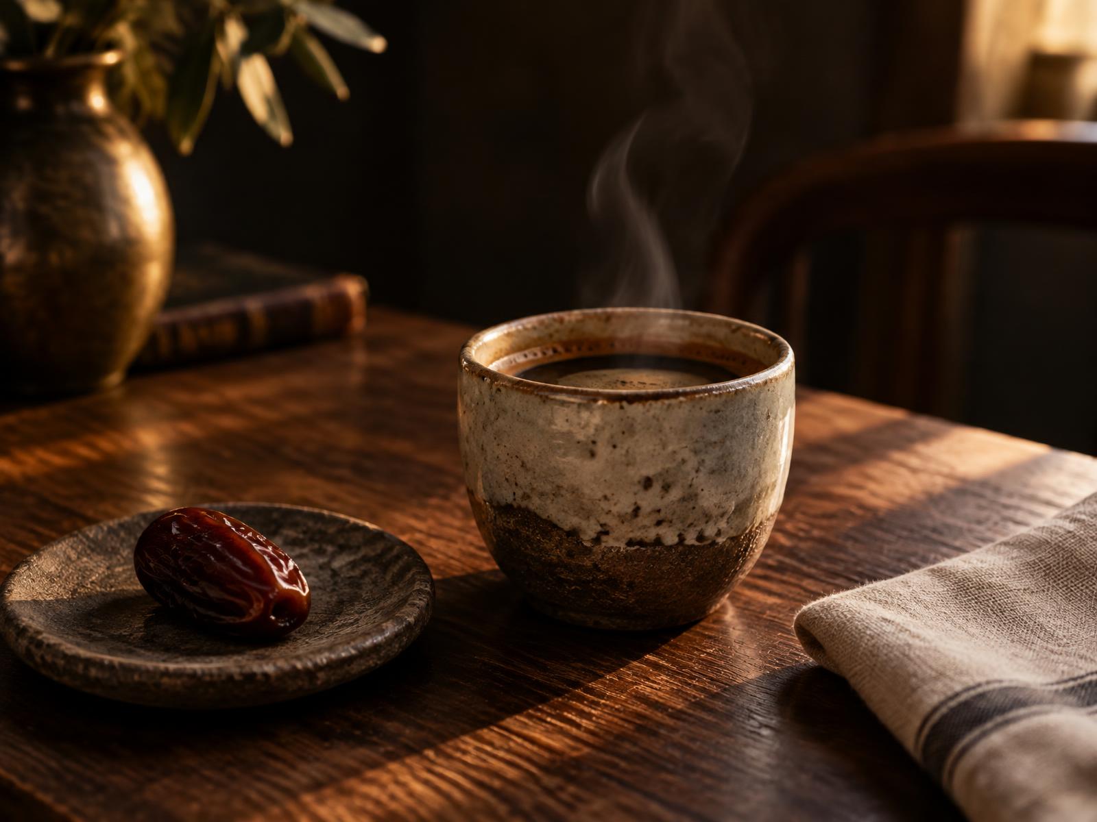 A steaming handmade cup of coffee beside a single date on a stone plate