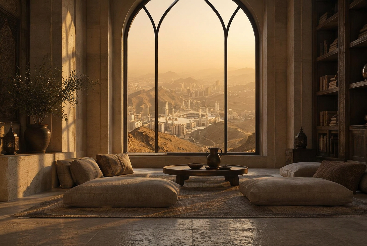 Low linen floor seating facing a tall arched window above Makkah
